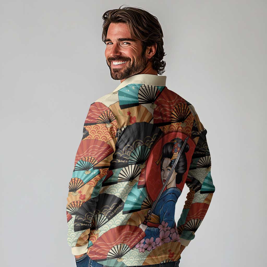 Japanese Geisha Katana Long Sleeve Polo Shirt Japan Sensu Seigaiha Pattern - Polynesian Pride