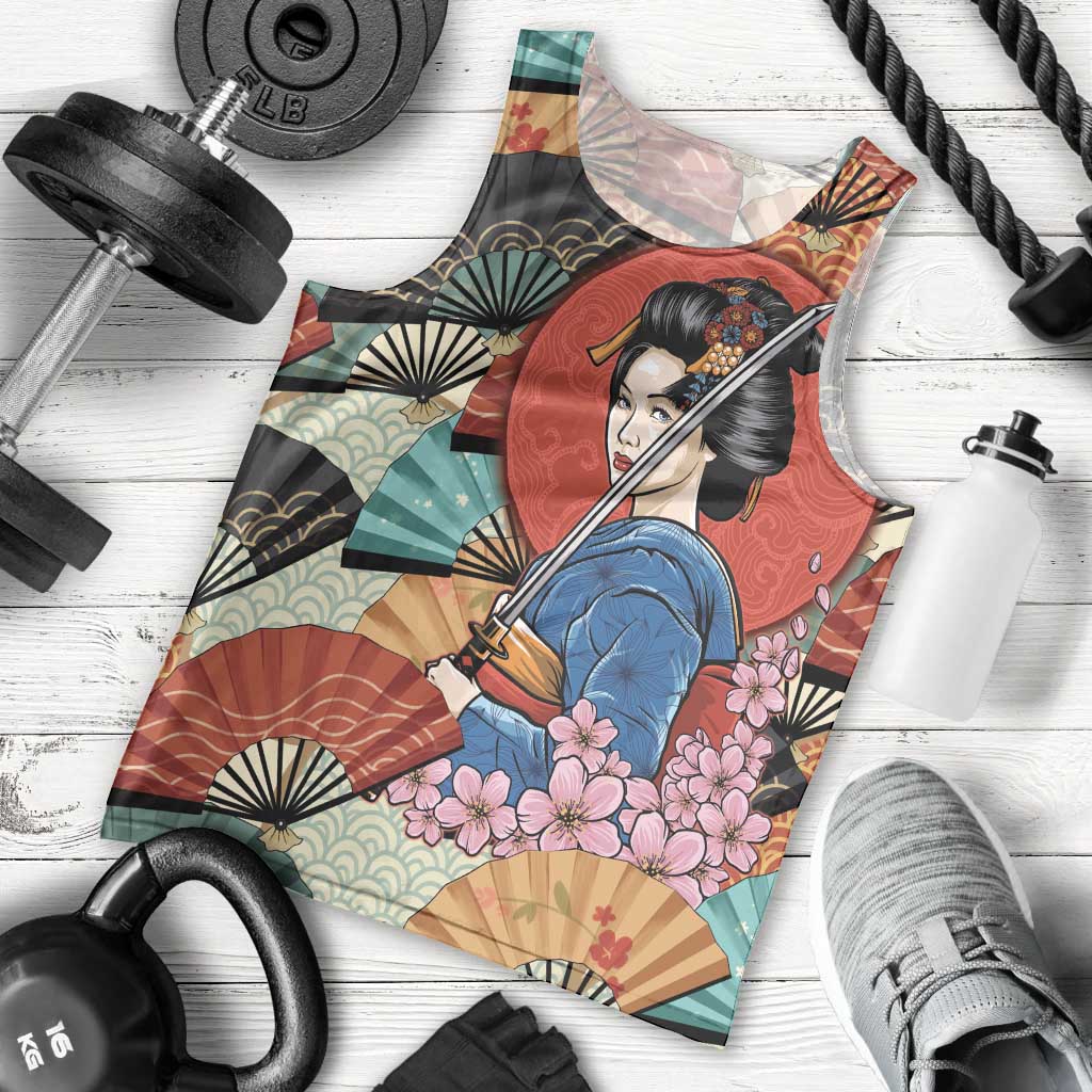 Japanese Geisha Katana Men Tank Top Japan Sensu Seigaiha Pattern LT14 - Polynesian Pride