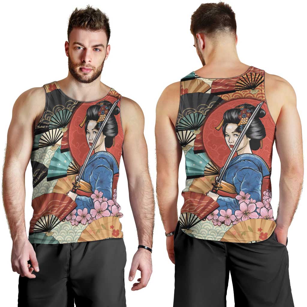 Japanese Geisha Katana Men Tank Top Japan Sensu Seigaiha Pattern LT14 - Polynesian Pride