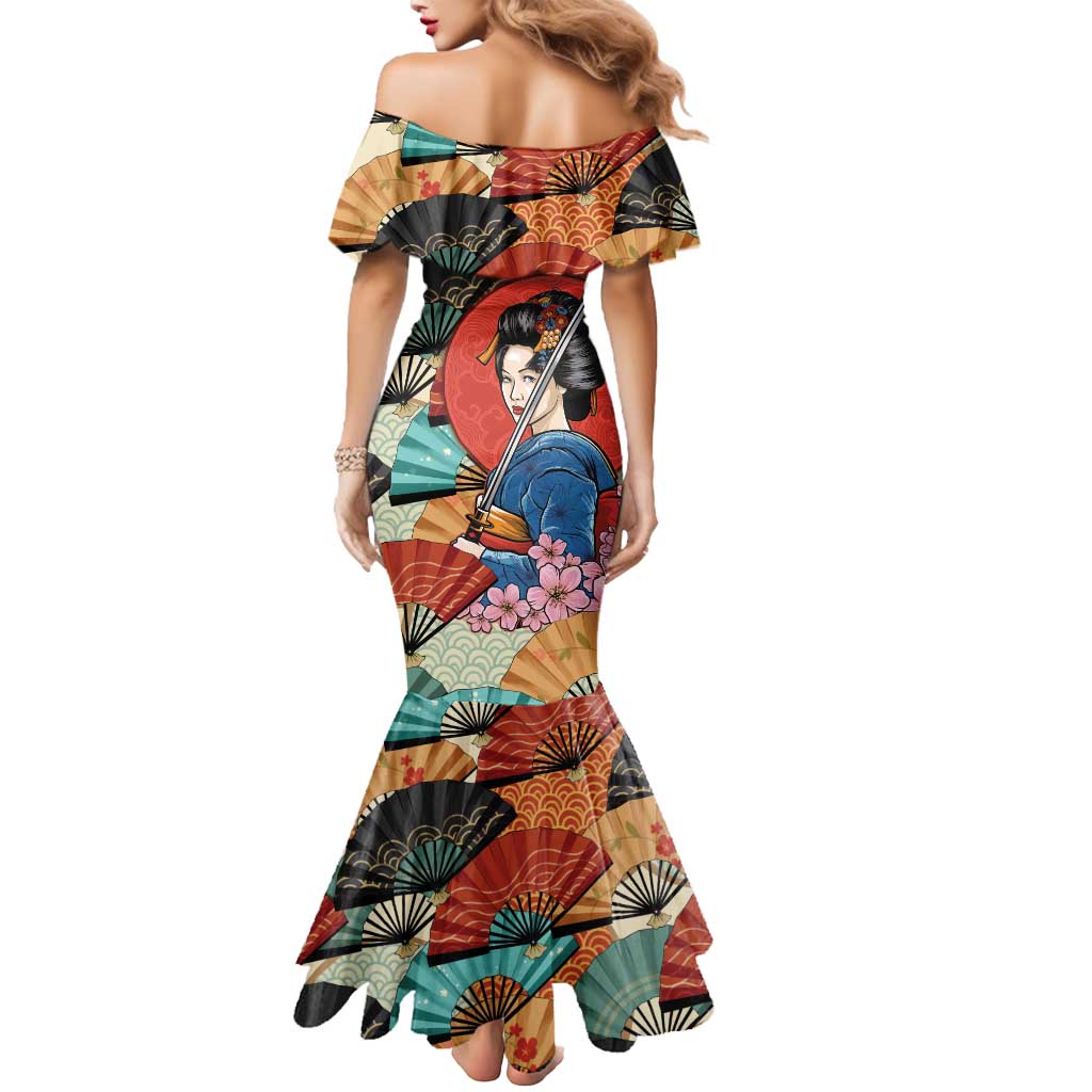 Japanese Geisha Katana Mermaid Dress Japan Sensu Seigaiha Pattern - Polynesian Pride