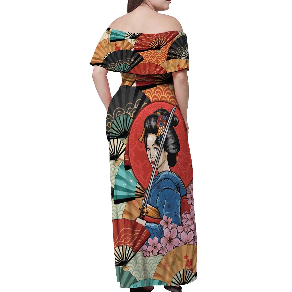 Japanese Geisha Katana Off Shoulder Maxi Dress Japan Sensu Seigaiha Pattern - Polynesian Pride
