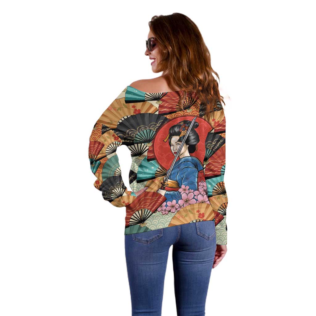 Japanese Geisha Katana Off Shoulder Sweater Japan Sensu Seigaiha Pattern - Polynesian Pride