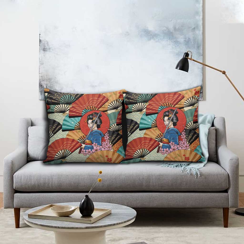 Japanese Geisha Katana Pillow Cover Japan Sensu Seigaiha Pattern - Polynesian Pride