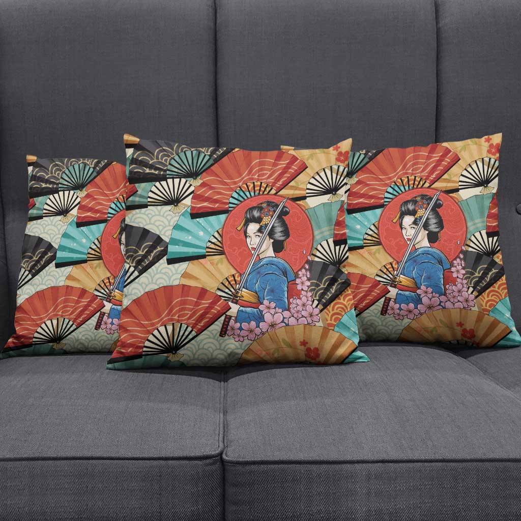 Japanese Geisha Katana Pillow Cover Japan Sensu Seigaiha Pattern - Polynesian Pride