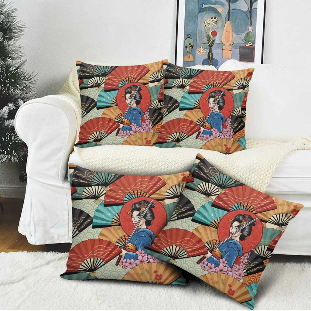 Japanese Geisha Katana Pillow Cover Japan Sensu Seigaiha Pattern - Polynesian Pride