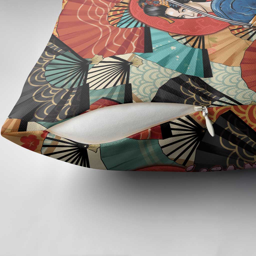 Japanese Geisha Katana Pillow Cover Japan Sensu Seigaiha Pattern - Polynesian Pride