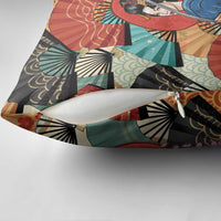 Japanese Geisha Katana Pillow Cover Japan Sensu Seigaiha Pattern - Polynesian Pride