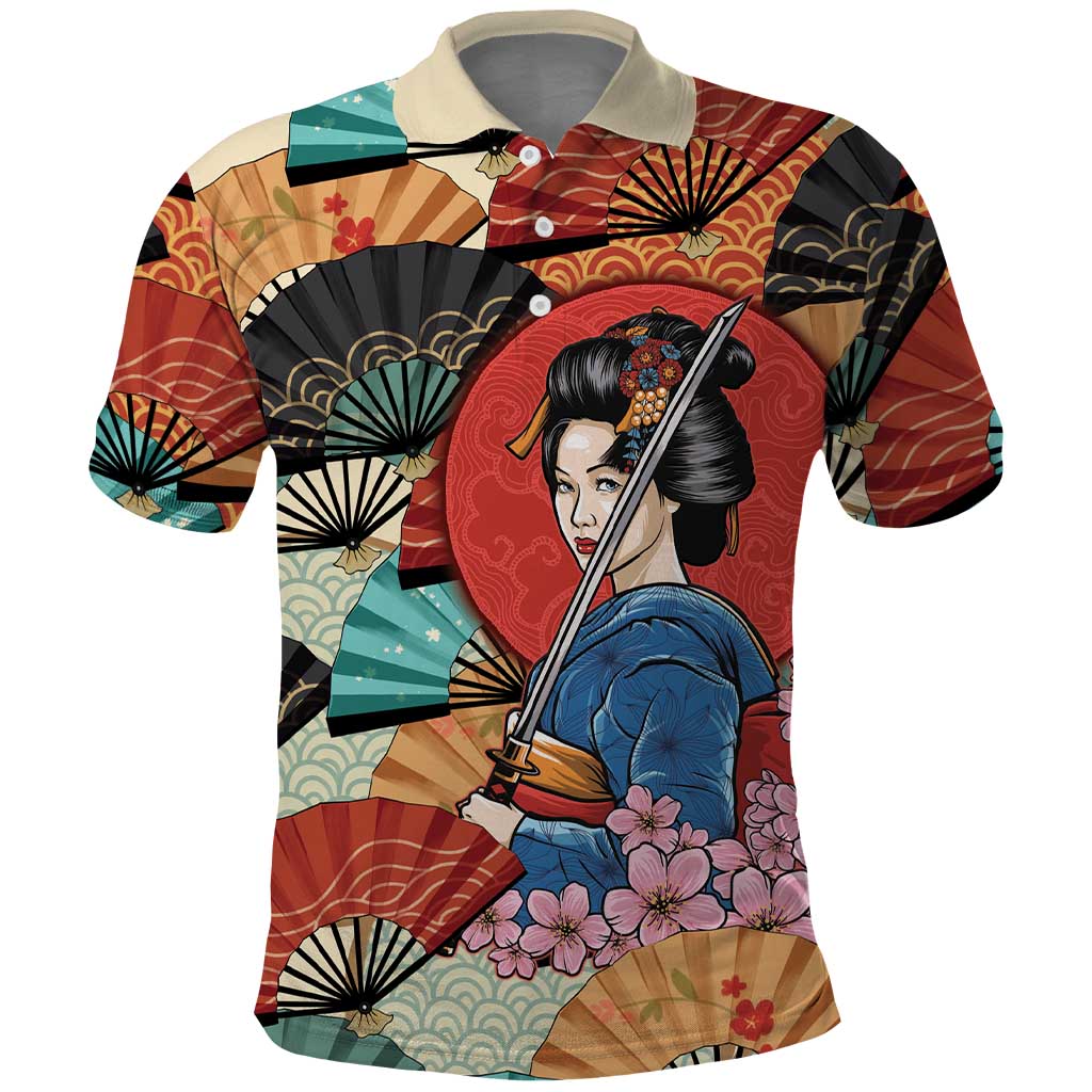 Japanese Geisha Katana Polo Shirt Japan Sensu Seigaiha Pattern - Polynesian Pride