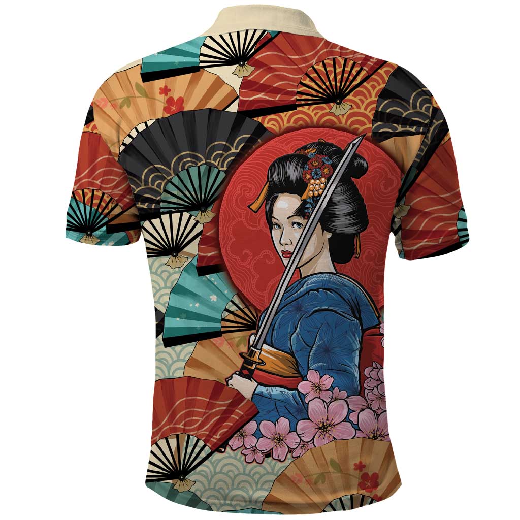 Japanese Geisha Katana Polo Shirt Japan Sensu Seigaiha Pattern - Polynesian Pride