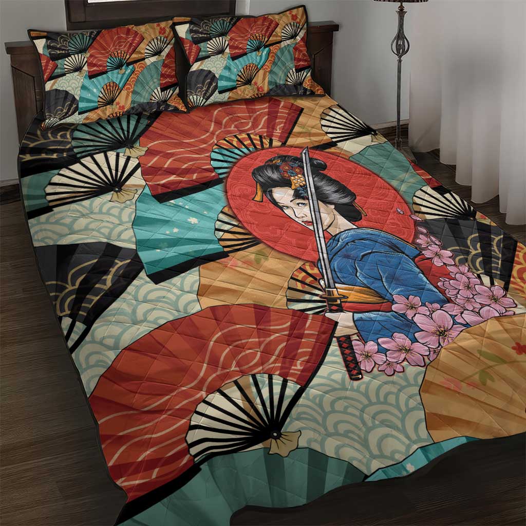 Japanese Geisha Katana Quilt Bed Set Japan Sensu Seigaiha Pattern - Polynesian Pride