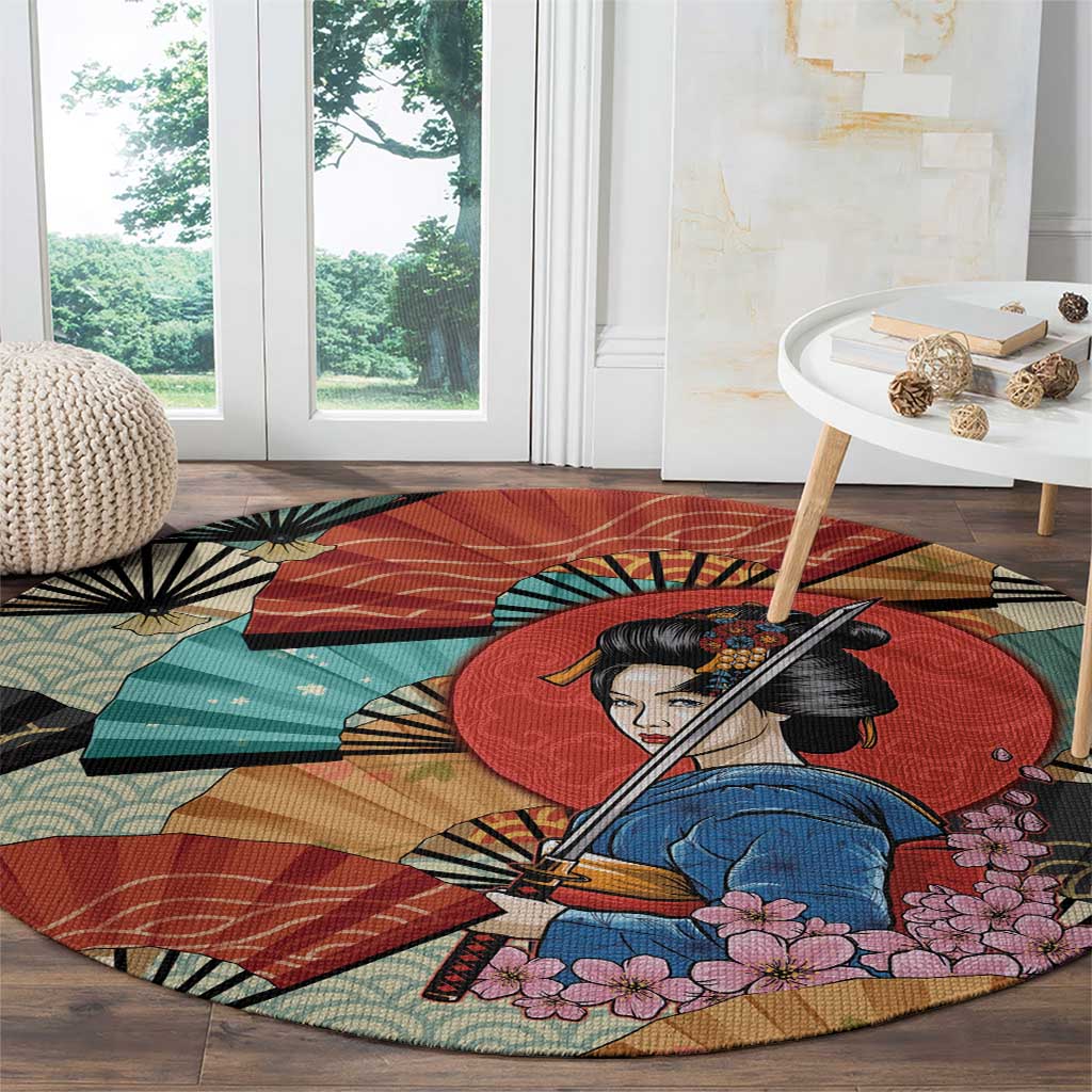 Japanese Geisha Katana Round Carpet Japan Sensu Seigaiha Pattern - Polynesian Pride