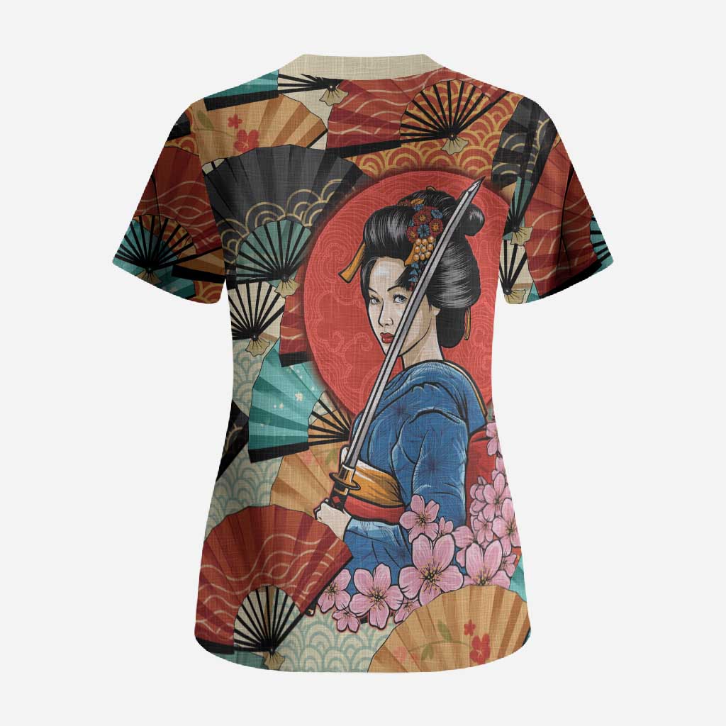 Japanese Geisha Katana Scrub Top Japan Sensu Seigaiha Pattern - Polynesian Pride
