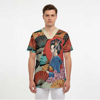 Japanese Geisha Katana Scrub Top Japan Sensu Seigaiha Pattern - Polynesian Pride