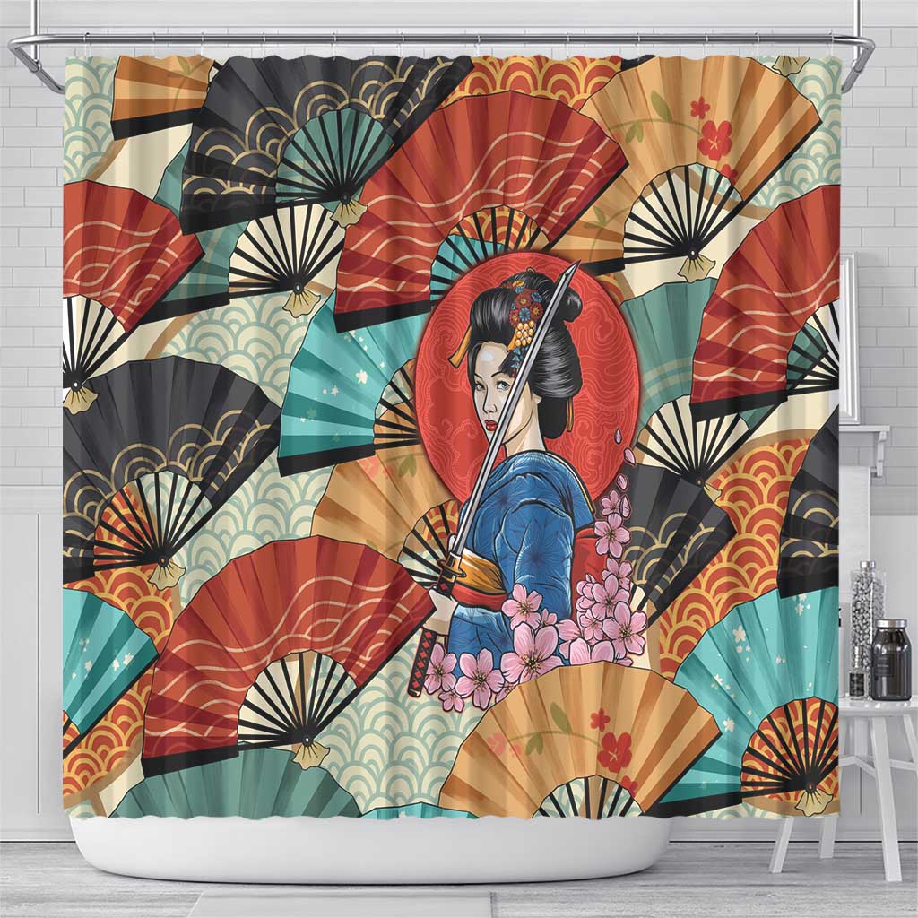 Japanese Geisha Katana Shower Curtain Japan Sensu Seigaiha Pattern LT14 - Polynesian Pride