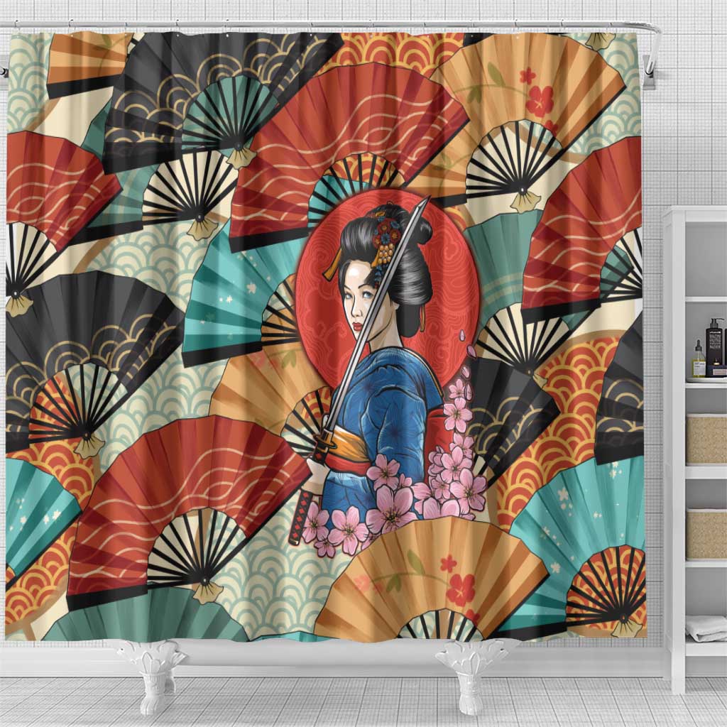 Japanese Geisha Katana Shower Curtain Japan Sensu Seigaiha Pattern LT14 - Polynesian Pride