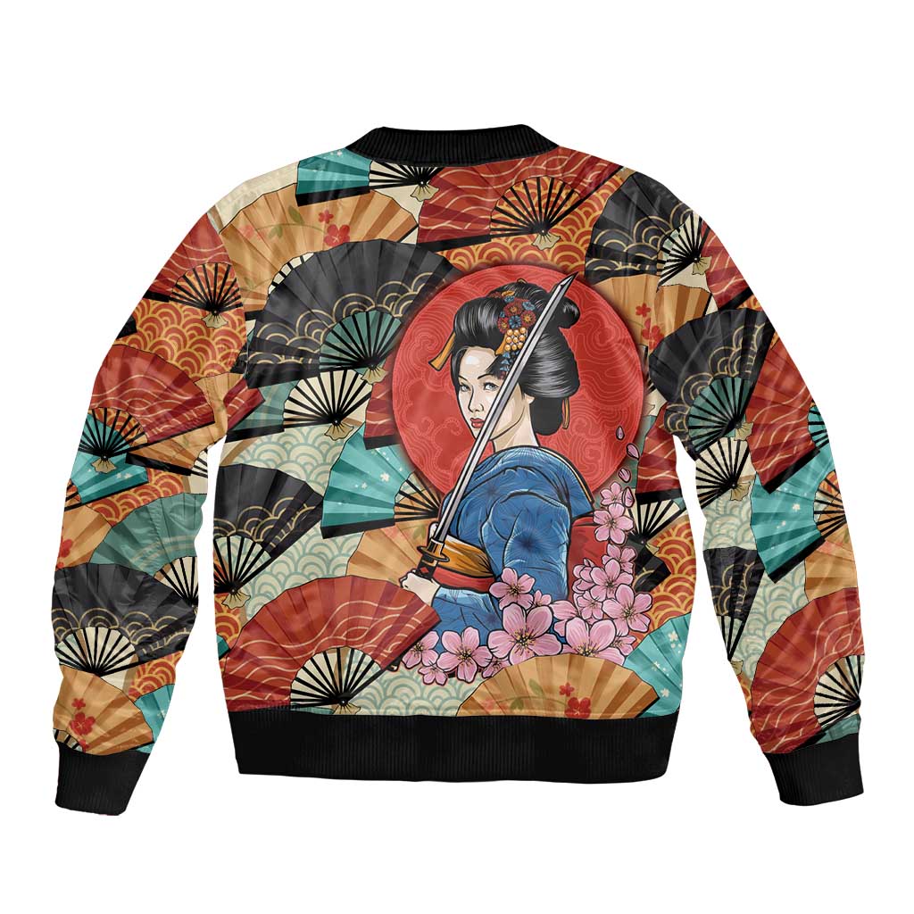 Japanese Geisha Katana Sleeve Zip Bomber Jacket Japan Sensu Seigaiha Pattern - Polynesian Pride