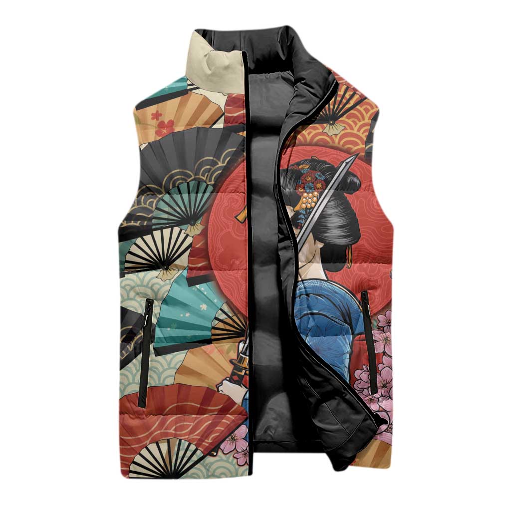 Japanese Geisha Katana Sleeveless Puffer Jacket Japan Sensu Seigaiha Pattern - Polynesian Pride