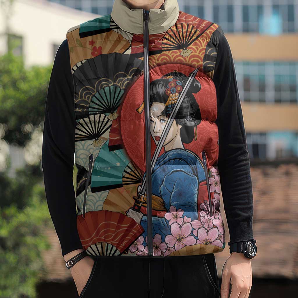 Japanese Geisha Katana Sleeveless Puffer Jacket Japan Sensu Seigaiha Pattern - Polynesian Pride