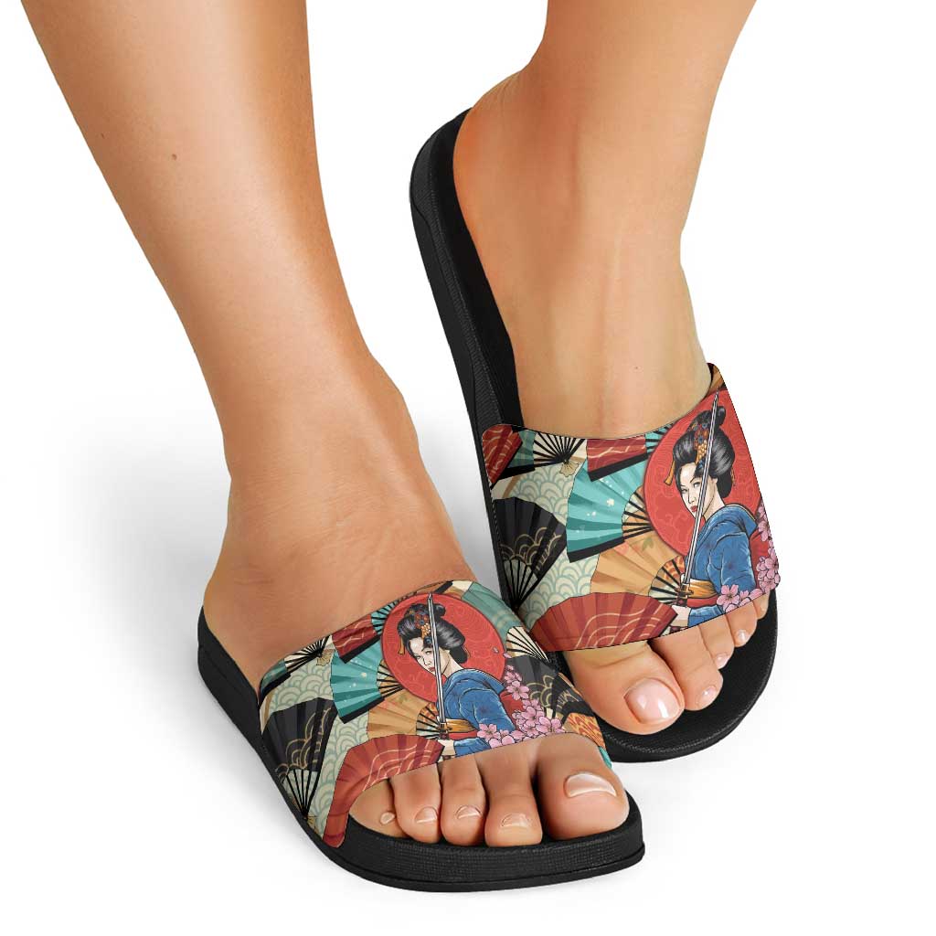 Japanese Geisha Katana Slide Sandals Japan Sensu Seigaiha Pattern - Polynesian Pride
