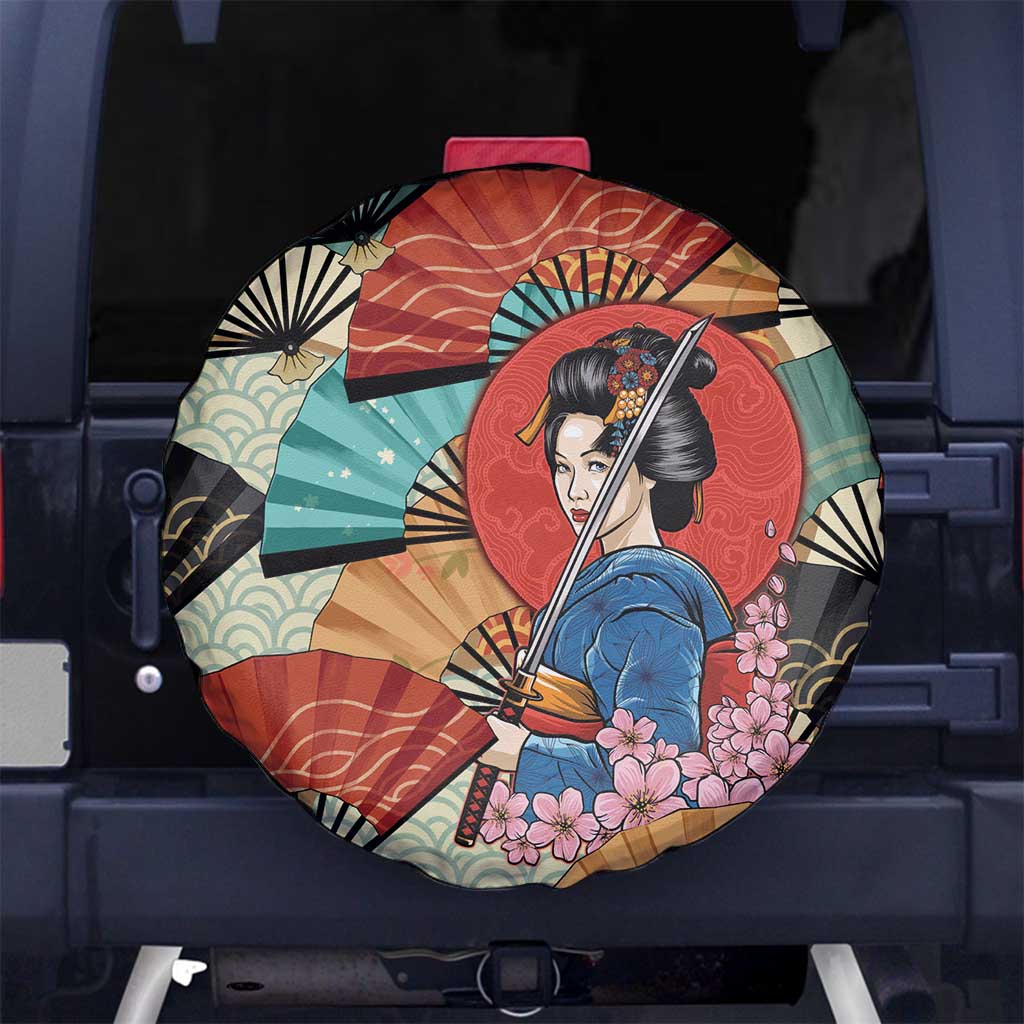 Japanese Geisha Katana Spare Tire Cover Japan Sensu Seigaiha Pattern - Polynesian Pride