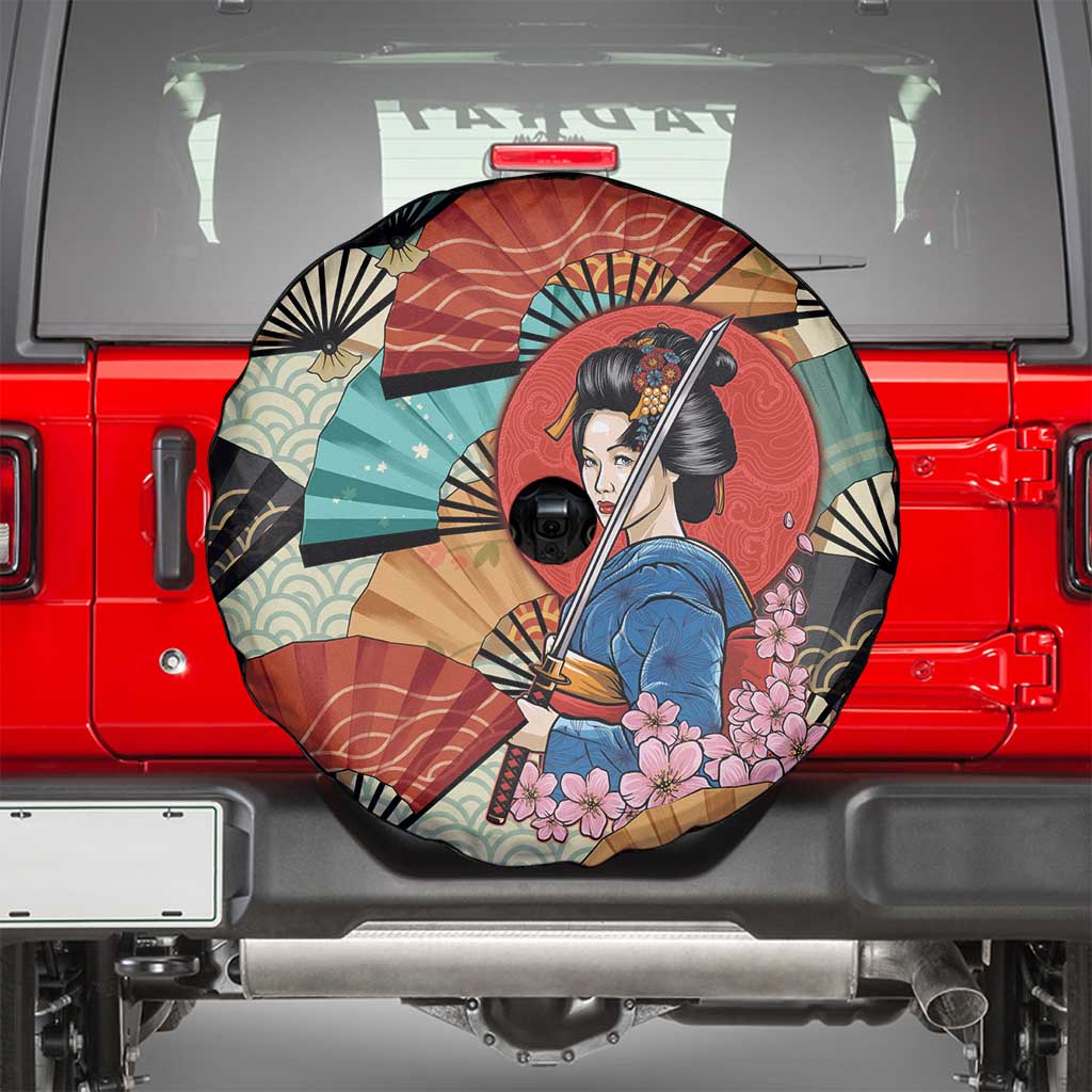 Japanese Geisha Katana Spare Tire Cover Japan Sensu Seigaiha Pattern - Polynesian Pride