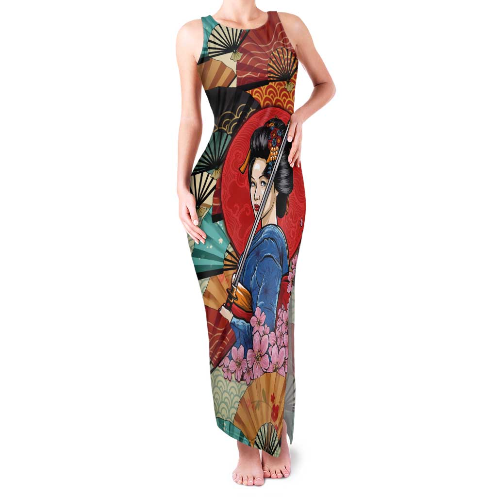 Japanese Geisha Katana Tank Maxi Dress Japan Sensu Seigaiha Pattern - Polynesian Pride