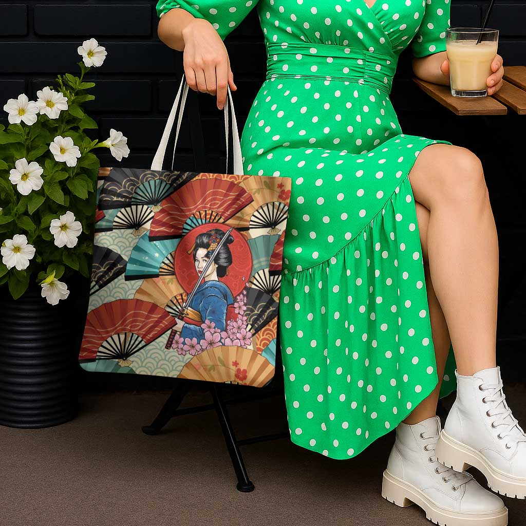 Japanese Geisha Katana Tote Bag Japan Sensu Seigaiha Pattern - Polynesian Pride