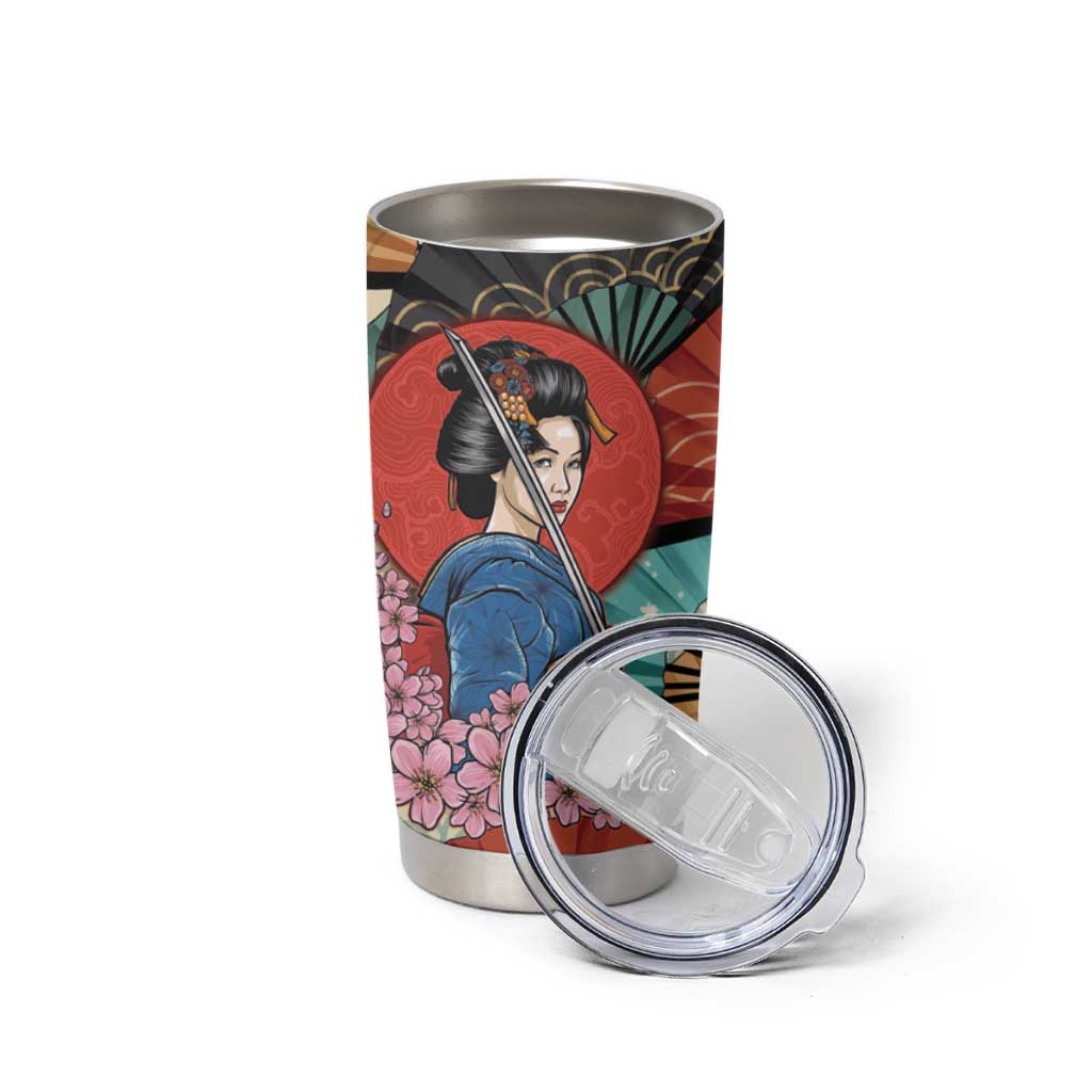 Japanese Geisha Katana Tumbler Cup Japan Sensu Seigaiha Pattern - Polynesian Pride