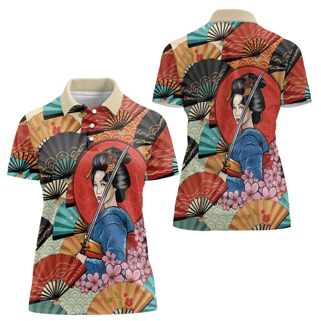 Japanese Geisha Katana Women Polo Shirt Japan Sensu Seigaiha Pattern - Polynesian Pride