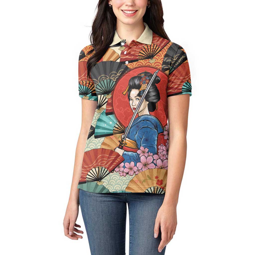 Japanese Geisha Katana Women Polo Shirt Japan Sensu Seigaiha Pattern - Polynesian Pride