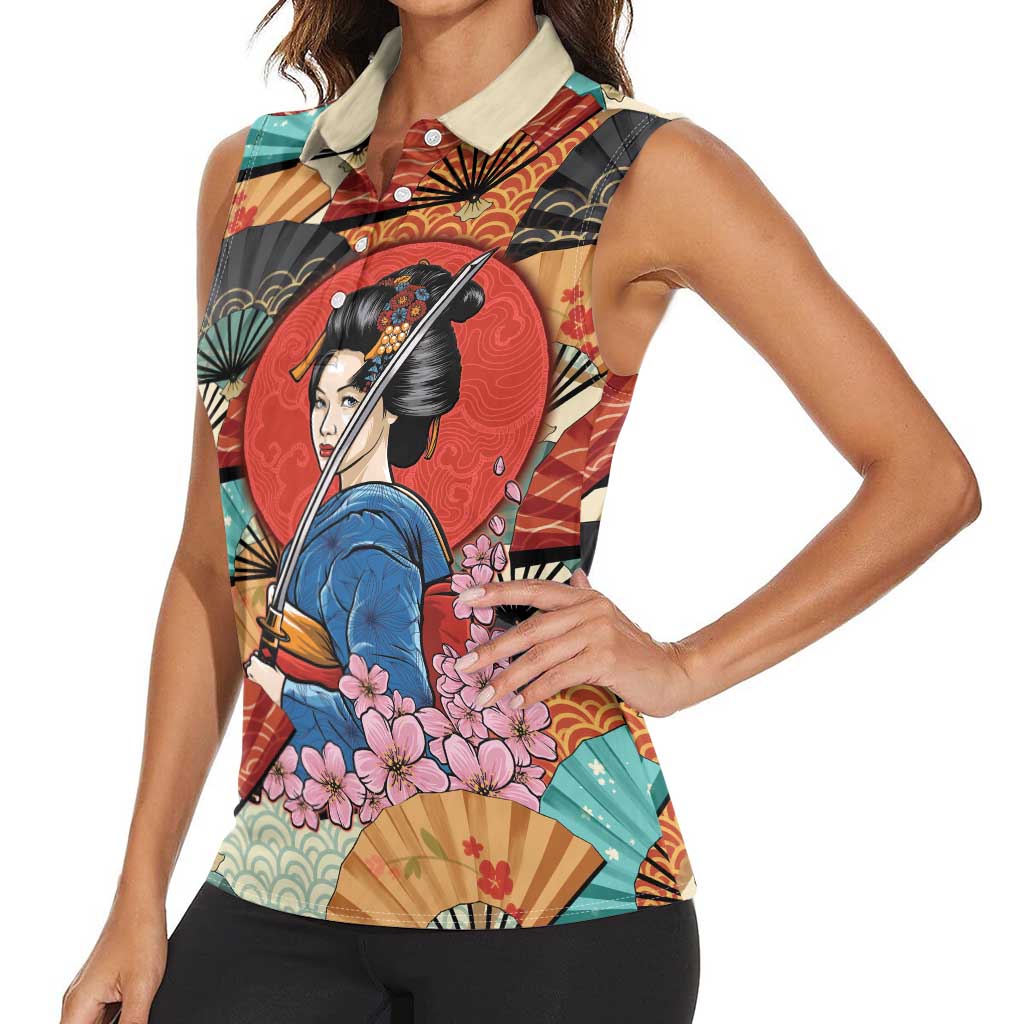 Japanese Geisha Katana Women Sleeveless Polo Shirt Japan Sensu Seigaiha Pattern - Polynesian Pride