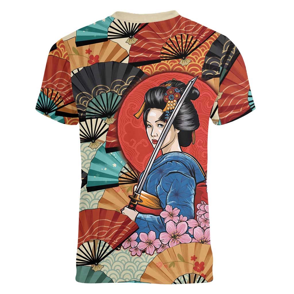 Japanese Geisha Katana Women V-Neck T-Shirt Japan Sensu Seigaiha Pattern - Polynesian Pride