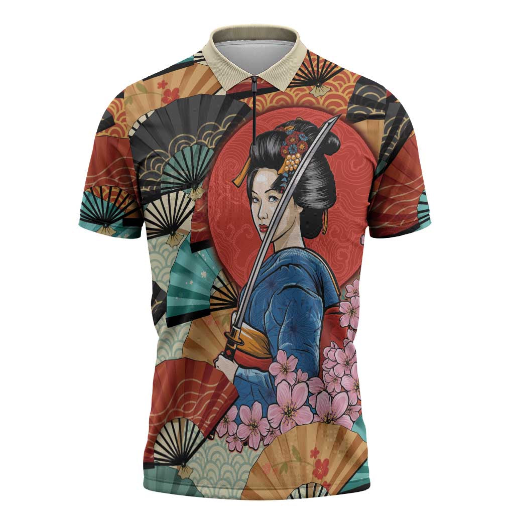 Japanese Geisha Katana Zipper Polo Shirt Japan Sensu Seigaiha Pattern - Polynesian Pride