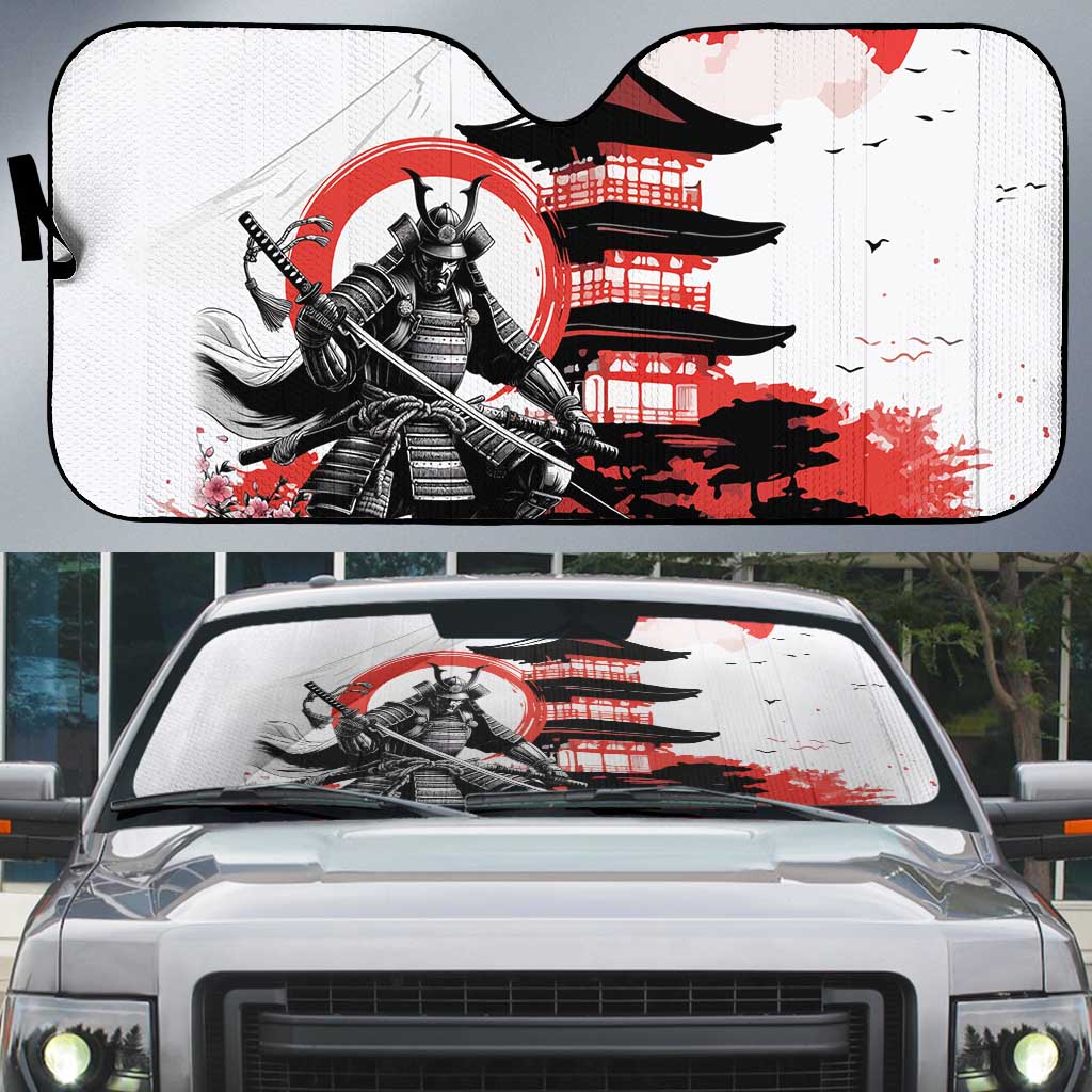 Japanese Samurai Warrior Enso Auto Sun Shade Japan Pagoda Sakura Watercolor - Polynesian Pride