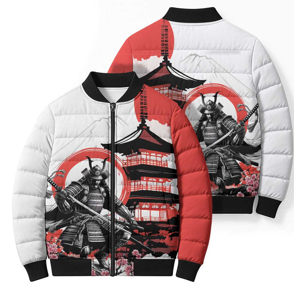 Japanese Samurai Warrior Enso Bomber Puffer Jacket Japan Pagoda Sakura ...