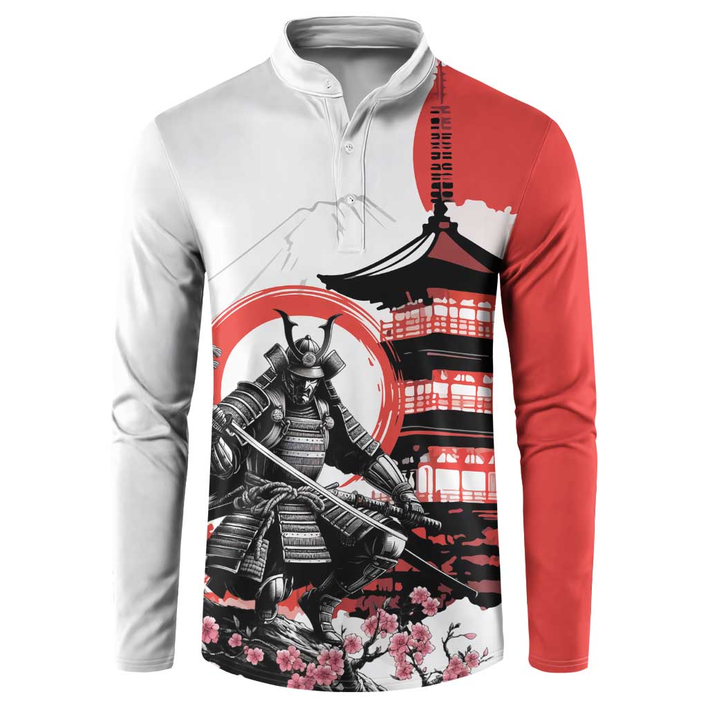 Japanese Samurai Warrior Enso Button Sweatshirt Japan Pagoda Sakura Watercolor - Polynesian Pride
