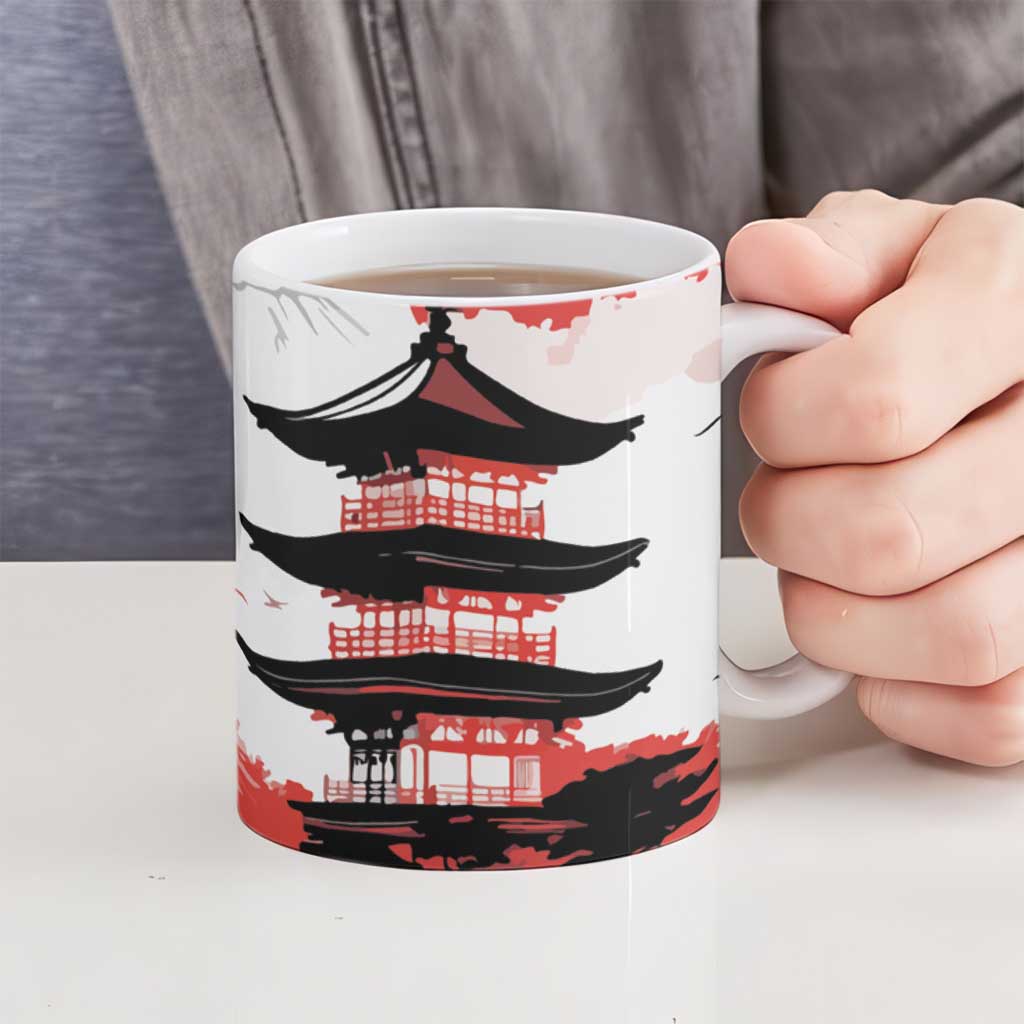 Japanese Samurai Warrior Enso Ceramic Mug Japan Pagoda Sakura Watercolor - Polynesian Pride