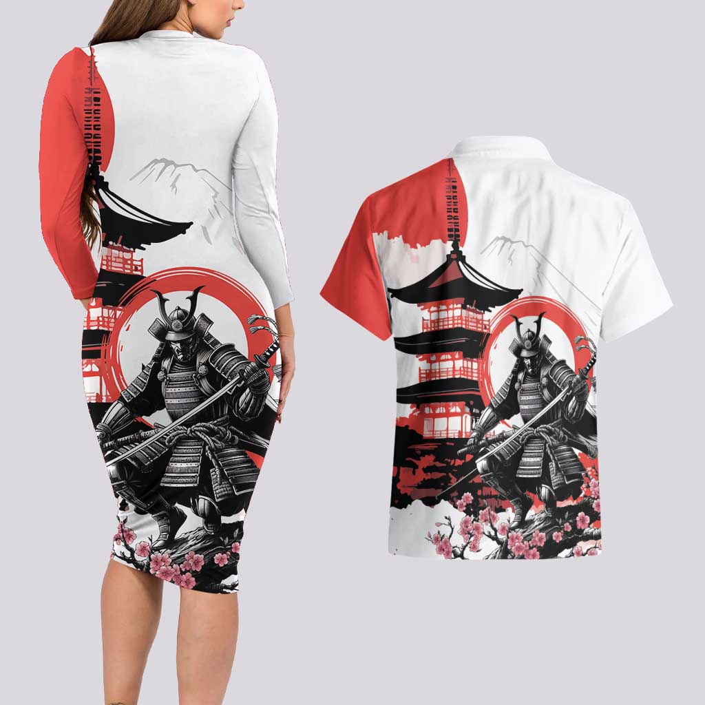 Japanese Samurai Warrior Enso Couples Matching Long Sleeve Bodycon Dress and Hawaiian Shirt Japan Pagoda Sakura Watercolor - Polynesian Pride