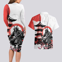 Japanese Samurai Warrior Enso Couples Matching Long Sleeve Bodycon Dress and Hawaiian Shirt Japan Pagoda Sakura Watercolor - Polynesian Pride