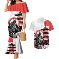 Japanese Samurai Warrior Enso Couples Matching Mermaid Dress and Hawaiian Shirt Japan Pagoda Sakura Watercolor - Polynesian Pride