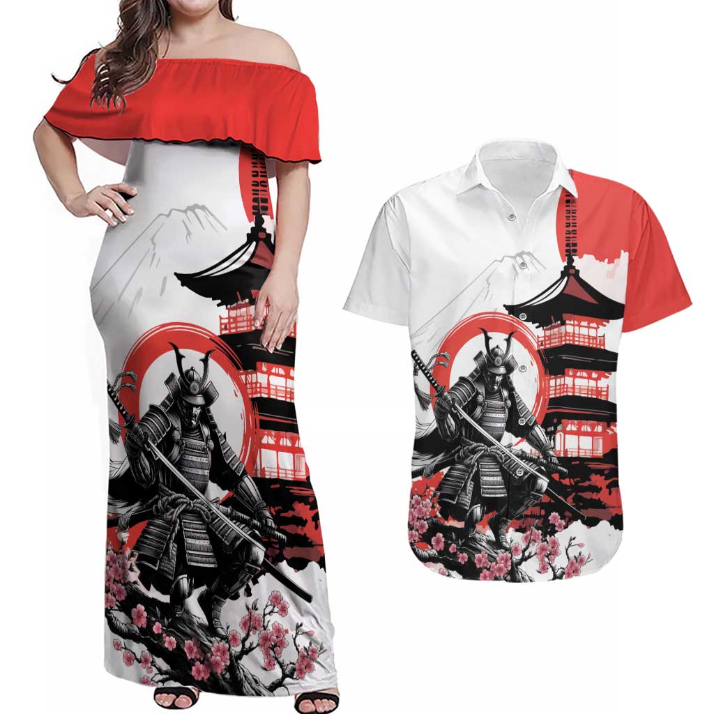 Japanese Samurai Warrior Enso Couples Matching Off Shoulder Maxi Dress and Hawaiian Shirt Japan Pagoda Sakura Watercolor - Polynesian Pride