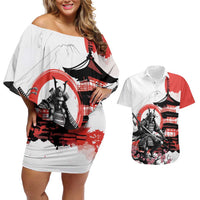 Japanese Samurai Warrior Enso Couples Matching Off Shoulder Short Dress and Hawaiian Shirt Japan Pagoda Sakura Watercolor - Polynesian Pride