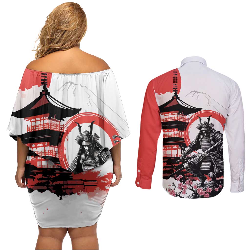 Japanese Samurai Warrior Enso Couples Matching Off Shoulder Short Dress and Long Sleeve Button Shirt Japan Pagoda Sakura Watercolor - Polynesian Pride