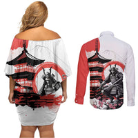 Japanese Samurai Warrior Enso Couples Matching Off Shoulder Short Dress and Long Sleeve Button Shirt Japan Pagoda Sakura Watercolor - Polynesian Pride