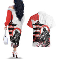 Japanese Samurai Warrior Enso Couples Matching Off The Shoulder Long Sleeve Dress and Hawaiian Shirt Japan Pagoda Sakura Watercolor - Polynesian Pride