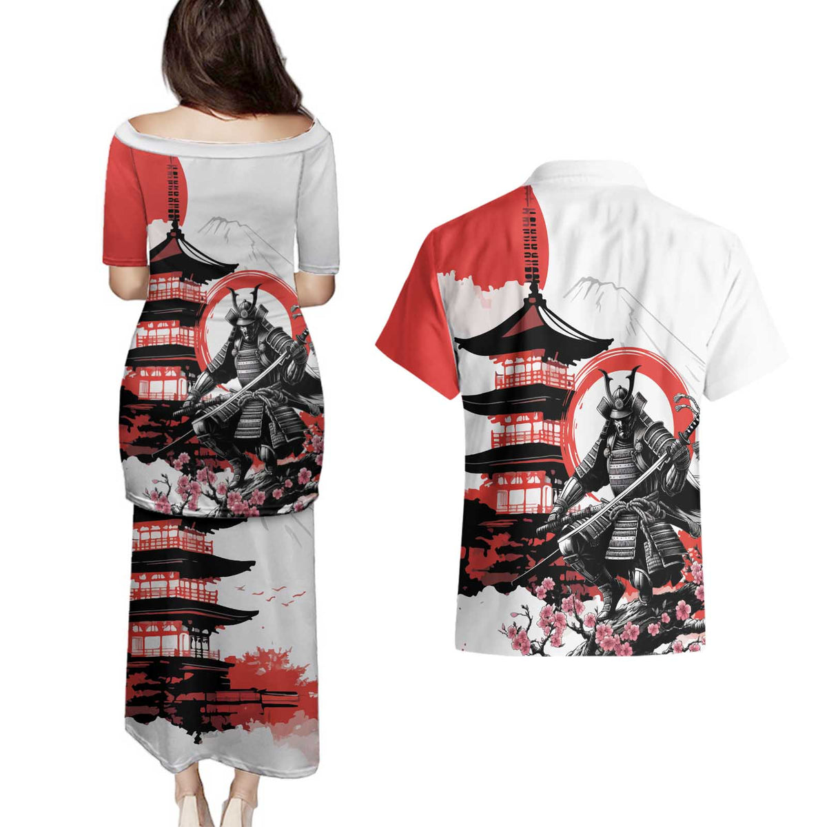 Japanese Samurai Warrior Enso Couples Matching Puletasi and Hawaiian Shirt Japan Pagoda Sakura Watercolor - Polynesian Pride
