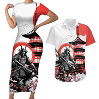 Japanese Samurai Warrior Enso Couples Matching Short Sleeve Bodycon Dress and Hawaiian Shirt Japan Pagoda Sakura Watercolor - Polynesian Pride