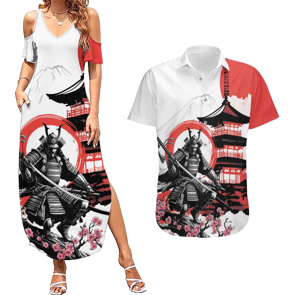 Japanese Samurai Warrior Enso Couples Matching Summer Maxi Dress and Hawaiian Shirt Japan Pagoda Sakura Watercolor - Polynesian Pride