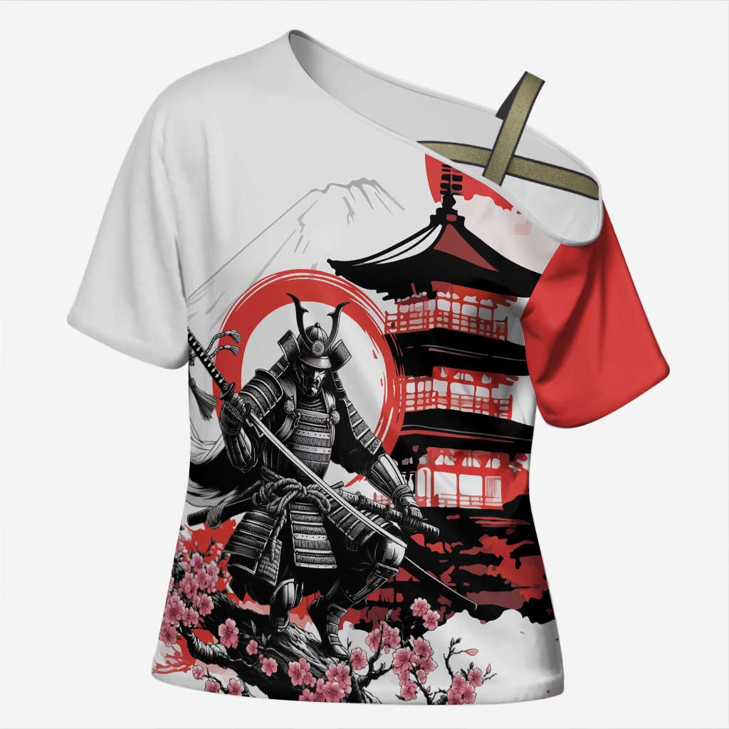 Japanese Samurai Warrior Enso Cross Shoulder Shirt Japan Pagoda Sakura Watercolor - Polynesian Pride