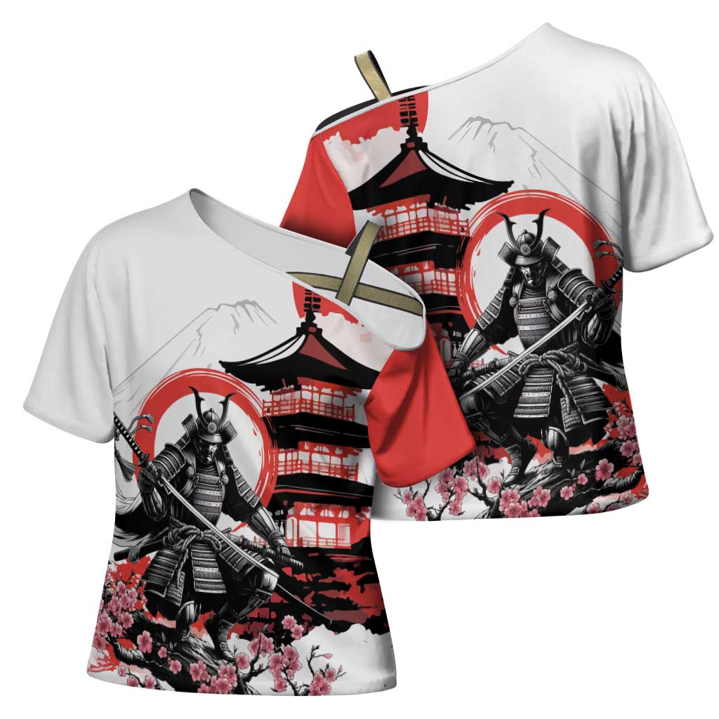 Japanese Samurai Warrior Enso Cross Shoulder Shirt Japan Pagoda Sakura Watercolor - Polynesian Pride